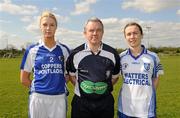 17 April 2011; Referee Michael John O'Keeffe with Laois captain Aisling Quigley and Monaghan captain Sharon Courtney. Bord Gais Energy National Football League, Division One, Semi-Final, Monaghan v Laois, Ballymahon, Longford. Photo by Sportsfile