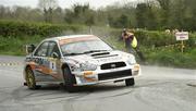 17 April 2011; Kevin Barrett and Sean Mullally in their Subaru Impreza in action during the Monaghan Stage. Monaghan Stages Rally, round 2, of the National and Border Rally Championsip. Picture credit: Philip Fitzpatrick / SPORTSFILE