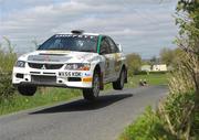17 April 2011; Sam Moffett and James Reilly in a Mitsubishi Evo in action during the Monaghan Stage. Monaghan Stages Rally, round 2, of the National and Border Rally Championsip. Picture credit: Philip Fitzpatrick / SPORTSFILE
