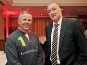 18 April 2011; All Black legend and Laureus Sport for Good Foundation goodwill ambassador Sean Fitzpatrick photographed with Dublin football manager Pat Gilroy at the Vodafone Ireland Motivational Talk for the Dublin GAA teams. Westbury Hotel, Dublin. Picture credit: David Maher / SPORTSFILE
