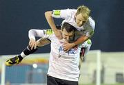 18 April 2011; Jason Byrne, Dundalk, is congratulated by team-mate Keith Ward after scoring his side's first goal. Setanta Sports Cup Semi-Final 2nd Leg, Dundalk v Cliftonville, Oriel Park, Dundalk, Co. Louth. Photo by Sportsfile