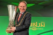 19 April 2011; Cllr. Gerry Breen, Lord Mayor of Dublin holds the UEFA Europa League Trophy after the UEFA President Michel Platini had handed over the trophy for the city to keep and display to the public until the UEFA Europa League final, to be played at the Aviva Stadium on Wednesday 18 May. Royal Hospital Kilmainham, Dublin. Picture credit: David Maher / SPORTSFILE