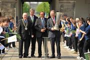 19 April 2011; Cllr. Gerry Breen, Lord Mayor of Dublin, holds the UEFA Europa League Trophy, with FAI president Paddy McCaul, left, and Chief Executive John Delaney, before UEFA President Michel Platini, second from right, handed over officially the UEFA Europa League Trophy for the city to keep and display to the public until the UEFA Europa League final, to be played at the Aviva Stadium on Wednesday 18 May. Royal Hospital Kilmainham, Dublin. Picture credit: David Maher / SPORTSFILE
