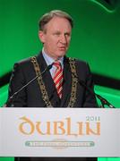 19 April 2011; Cllr. Gerry Breen, Lord Mayor of Dublin, speaking at the hand over the UEFA Europa League Trophy for the city to keep and display to the public until the UEFA Europa League final, to be played at the Aviva Stadium on Wednesday 18 May. Royal Hospital Kilmainham, Dublin. Photo by Sportsfile