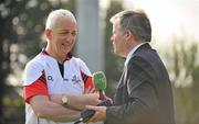 19 April 2011; Cork football manager Conor Counihan is interviewed by Brian Carthy of RTE. Cork Football press night ahead of Allianz Football Division 1 Final, Pairc Ui Rinn, Cork. Picture credit: Diarmuid Greene / SPORTSFILE