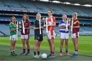 28 November 2016; Senior Club finalists, centre, Sarah Brophy, captain of Foxrock Cabinteely GAA Club, Co. Dublin with Amanda Casey, captain of Donaghmoyne GAA Club, Co. Monaghan with Intermediate finalists, left, Louise Kenny, captain of Shane O'Neills GAA Club, Co. Armagh, and Niamh Duggan, captain of Annaghdown GAA Club, Co. Galway and Junior finalists, right, Aisling Judge captain of Kinsale GAA Club, Co. Cork and Eadaoinn McGuinness, captain of St. Maurs GAA Club, Co. Dublin ahead of their Ladies Football All Ireland Club Championship Finals during a Captain's Day at Croke Park in Dublin. Photo by Matt Browne/Sportsfile