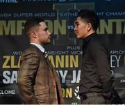 29 November 2016; WBA featherweight champion Carl Frampton during a press conference and Leo Santa Cruz after a press conference at the Europa Hotel in Belfast. Photo by Oliver McVeigh/Sportsfile