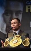 29 November 2016; WBA featherweight champion Carl Frampton during a press conference at the Europa Hotel in Belfast. Photo by Oliver McVeigh/Sportsfile