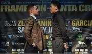 29 November 2016; WBA featherweight champion Carl Frampton and Leo Santa Cruz following a press conference at the Europa Hotel in Belfast. Photo by Oliver McVeigh/Sportsfile