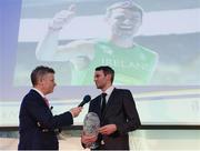 30 November 2016; Thomas Barr, right, talks with MC Greg Allen, after winning the Athlete of the Year award, at the Irish Life Health National Athletics Awards 2016 at the Crowne Plaza Hotel in Santry, Dublin. Photo by Seb Daly/Sportsfile