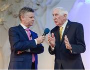 30 November 2016; Ronnie Delany, right, talks with MC Greg Allen, after being presented with an award to honour the 60th anniversairy of his gold medal in the 1500m at the 1956 Summer Olympics, at the Irish Life Health National Athletics Awards 2016 at the Crowne Plaza Hotel in Santry, Dublin. Photo by Seb Daly/Sportsfile