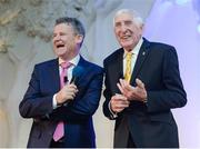 30 November 2016; Ronnie Delany, right, talks with MC Greg Allen, after being presented with an award to honour the 60th anniversairy of his gold medal in the 1500m at the 1956 Summer Olympics, at the Irish Life Health National Athletics Awards 2016 at the Crowne Plaza Hotel in Santry, Dublin. Photo by Seb Daly/Sportsfile