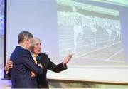 30 November 2016; Ronnie Delany, 1956 1500m Olympic Champion, who was honoured with a special award, speaks with MC Greg Allen about the historic run on the eve of the 60th anniversary of the run at the Irish Life Health National Athletics Awards 2016 at the Crowne Plaza Hotel in Santry, Dublin. Photo by Cody Glenn/Sportsfile