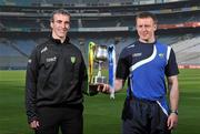 20 April 2011; Pictured at the Allianz Football Division 1 & 2 Finals Preview are Donegal manager Jim McGuinness, left, and Laois manager Justin McNulty. Their side's play each other in the Allianz Football Division 2 Final on Sunday. Croke Park, Dublin. Picture credit: David Maher / SPORTSFILE