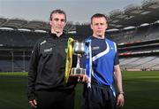 20 April 2011; Pictured at the Allianz Football Division 1 & 2 Finals Preview are Donegal manager Jim McGuinness, left, and Laois manager Justin McNulty. Their side's play each other in the Allianz Football Division 2 Final on Sunday. Croke Park, Dublin. Picture credit: David Maher / SPORTSFILE