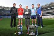 20 April 2011; Pictured at the Allianz Football Division 1 & 2 Finals Preview are, from left to right, Donegal manager Jim McGuinness, Cork senior footballer Donncha O'Connor, Donal Bollard, Allianz Ireland, Dublin senior footballer Bryan Cullen and Laois manager Justin McNulty ahead of their side's respective Allianz Football Division 1 & 2 Finals on Sunday. Croke Park, Dublin. Picture credit: David Maher / SPORTSFILE