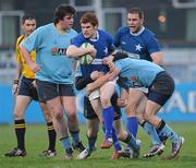 20 April 2011; Ian O'Neill, St Marys College RFC, is tackled by Simon Gillespie, left, Cailbhe Doherty and Liam Hyland, right, UCD. Newstalk Metropolitan Cup Final, St Marys College RFC v UCD. Donnybrook Stadium, Donnybrook, Dublin. Picture credit: Matt Browne / SPORTSFILE