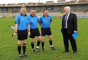 17 April 2011; Rereree Owen Elliott, left, with his match officials Ray Mathews and Garrett Duffy and Tyrone Hurling Liaison Officer Tony Fawl before the game. Allianz GAA Hurling Division 4 Final, South Down v Tyrone, Athletic Grounds, Armagh. Picture credit: Oliver McVeigh / SPORTSFILE