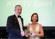 2 December 2016; Cliona O'Leary, right, of RTÉ Sport, accepts the prize for Best Paralympic Games TV Coverage, from Cecil Ryan, OCS Europe, at the OCS Irish Paralympic Awards at the Ballsbridge Hotel in Dublin. Photo by Cody Glenn/Sportsfile