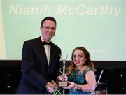 2 December 2016; Niamh McCarthy, from Carrigaline, Cork, accepts the prize for Outstanding Games Debut, from Minister of State for Tourism and Sport Patrick O'Donovan T.D., at the OCS Irish Paralympic Awards at the Ballsbridge Hotel in Dublin. Photo by Cody Glenn/Sportsfile