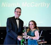 2 December 2016; Niamh McCarthy, from Carrigaline, Cork, accepts the prize for Outstanding Games Debut, from Minister of State for Tourism and Sport Patrick O'Donovan T.D., at the OCS Irish Paralympic Awards at the Ballsbridge Hotel in Dublin. Photo by Cody Glenn/Sportsfile