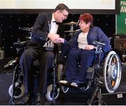 2 December 2016; Angela Hendra, who was honoured as the Irish Paralympic Order, with Paralympics Ireland President Jimmy Gradwell, at the OCS Irish Paralympic Awards at the Ballsbridge Hotel in Dublin. Photo by Cody Glenn/Sportsfile