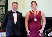 2 December 2016; Orla Barry, from Ladysbridge, Co Cork, with her silver medal for discus after being upgraded from bronze during the 2015 IPC World Championships in Doha pictured with 2016 Chef de Mission Denis Toomey at the OCS Irish Paralympic Awards at the Ballsbridge Hotel in Dublin. Photo by Cody Glenn/Sportsfile