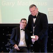 2 December 2016; Gary MacManus, right, was honoured with the President's Award by Paralympics Ireland President Jimmy Gradwell, at the OCS Irish Paralympic Awards at the Ballsbridge Hotel in Dublin. Photo by Cody Glenn/Sportsfile