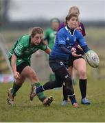 3 December 2016; Ailsa Hughes of Leinster gets the ball away from Amelie Roux of Connacht  during the Women's Interprovincial Rugby Championship Round 1 game between Connacht and Leinster at Tuam RFC in Tuam, Co. Galway. Photo by Ray Ryan/Sportsfile