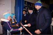 3 December 2016; Joanna Dunne, age 10, Blackrock, Co. Dublin, and Rachel Fishman, age 10, from Monkstown, Co. Dublin, gets autographs from Leinster's Jamison Gibson-Park, Mike Ross and Mick Kearney, at Autograph Alley at the Guinness PRO12 Round 10 match between Leinster and Newport Gwent Dragons at the RDS Arena in Ballsbridge, Dublin. Photo by Seb Daly/Sportsfile