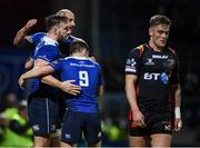 3 December 2016; Jack Conan, left, is congratulated by his Leinster team-mates Hayden Triggs and Luke McGrath, 9, after scoring his side's third try during the Guinness PRO12 Round 10 match between Leinster and Newport Gwent Dragons at the RDS Arena in Ballsbridge, Dublin. Photo by Stephen McCarthy/Sportsfile