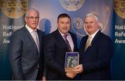 3 December 2016; Retiring Referee Michael Wadding, Waterford, accepts his presentation from Uachtarán Chumann Lúthchleas Aogán Ó Fearghail and Seán Walsh, Chairman of National Referee Development Committee, at the GAA National Referees' Awards Banquet 2016 at Croke Park in Dublin. Photo by Cody Glenn/Sportsfile