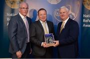 3 December 2016; Retiring Referee Eamonn Hassan, Derry, accepts his presentation from Uachtarán Chumann Lúthchleas Aogán Ó Fearghail and Seán Walsh, Chairman of National Referee Development Committee, at the GAA National Referees' Awards Banquet 2016 at Croke Park in Dublin. Photo by Cody Glenn/Sportsfile
