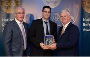 3 December 2016; Retiring Referee Gary McCormack, Dublin, accepts his presentation from Uachtarán Chumann Lúthchleas Aogán Ó Fearghail and Seán Walsh, Chairman of National Referee Development Committee, at the GAA National Referees' Awards Banquet 2016 at Croke Park in Dublin. Photo by Cody Glenn/Sportsfile
