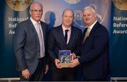 3 December 2016; Retiring Referee Derek Fahy, Longford, accepts his presentation from Uachtarán Chumann Lúthchleas Aogán Ó Fearghail and Seán Walsh, Chairman of National Referee Development Committee, at the GAA National Referees' Awards Banquet 2016 at Croke Park in Dublin. Photo by Cody Glenn/Sportsfile