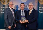 3 December 2016; Retiring Referee Brendan Rice, Down, accepts his presentation from Uachtarán Chumann Lúthchleas Aogán Ó Fearghail and Seán Walsh, Chairman of National Referee Development Committee, at the GAA National Referees' Awards Banquet 2016 at Croke Park in Dublin. Photo by Cody Glenn/Sportsfile