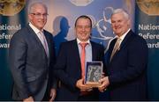 3 December 2016; Retiring Referee Eddie Kinsella, Laois, accepts his presentation from Uachtarán Chumann Lúthchleas Aogán Ó Fearghail and Seán Walsh, Chairman of National Referee Development Committee, at the GAA National Referees' Awards Banquet 2016 at Croke Park in Dublin. Photo by Cody Glenn/Sportsfile