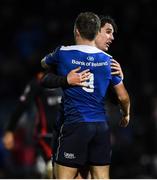 3 December 2016; Joey Carbery is congratulated by his Leinster team-mate Luke McGrath after scoring his side's fourth try during the Guinness PRO12 Round 10 match between Leinster and Newport Gwent Dragons at the RDS Arena in Ballsbridge, Dublin. Photo by Stephen McCarthy/Sportsfile