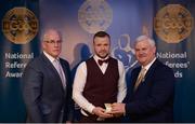 3 December 2016; Anthony Nolan, Wickow, is presented with his All-Ireland Medal by Uachtarán Chumann Lúthchleas Aogán Ó Fearghail and Seán Walsh, Chairman of National Referee Development Committee, at the GAA National Referees' Awards Banquet 2016 at Croke Park in Dublin. Photo by Cody Glenn/Sportsfile