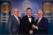 3 December 2016; David Hughes, Carlow, is presented with his All-Ireland Medal by Uachtarán Chumann Lúthchleas Aogán Ó Fearghail and Seán Walsh, Chairman of National Referee Development Committee, at the GAA National Referees' Awards Banquet 2016 at Croke Park in Dublin. Photo by Cody Glenn/Sportsfile