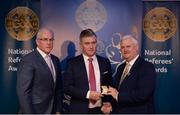 3 December 2016; Barry Kelly, Westmeath, is presented with his All-Ireland Medal by Uachtarán Chumann Lúthchleas Aogán Ó Fearghail and Seán Walsh, Chairman of National Referee Development Committee, at the GAA National Referees' Awards Banquet 2016 at Croke Park in Dublin. Photo by Cody Glenn/Sportsfile