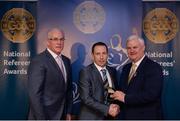 3 December 2016; Derek O'Mahony, Tipperary, is presented with his All-Ireland Medal by Uachtarán Chumann Lúthchleas Aogán Ó Fearghail and Seán Walsh, Chairman of National Referee Development Committee, at the GAA National Referees' Awards Banquet 2016 at Croke Park in Dublin. Photo by Cody Glenn/Sportsfile