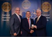 3 December 2016; Eddie Kinsella, Laois, is presented with his All-Ireland Medal by Uachtarán Chumann Lúthchleas Aogán Ó Fearghail and Seán Walsh, Chairman of National Referee Development Committee, at the GAA National Referees' Awards Banquet 2016 at Croke Park in Dublin. Photo by Cody Glenn/Sportsfile