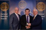 3 December 2016; James Clarke, Cavan,, is presented with his All-Ireland Medal by Uachtarán Chumann Lúthchleas Aogán Ó Fearghail and Seán Walsh, Chairman of National Referee Development Committee, at the GAA National Referees' Awards Banquet 2016 at Croke Park in Dublin. Photo by Cody Glenn/Sportsfile