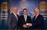3 December 2016; Jerome Henry, Mayo, is presented with his All-Ireland Medal by Uachtarán Chumann Lúthchleas Aogán Ó Fearghail and Seán Walsh, Chairman of National Referee Development Committee, at the GAA National Referees' Awards Banquet 2016 at Croke Park in Dublin. Photo by Cody Glenn/Sportsfile