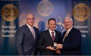 3 December 2016; John Hickey, Carlow, is presented with his All-Ireland Medal by Uachtarán Chumann Lúthchleas Aogán Ó Fearghail and Seán Walsh, Chairman of National Referee Development Committee, at the GAA National Referees' Awards Banquet 2016 at Croke Park in Dublin. Photo by Cody Glenn/Sportsfile