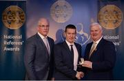 3 December 2016; John Keane, Galway, is presented with his All-Ireland Medal by Uachtarán Chumann Lúthchleas Aogán Ó Fearghail and Seán Walsh, Chairman of National Referee Development Committee, at the GAA National Referees' Awards Banquet 2016 at Croke Park in Dublin. Photo by Cody Glenn/Sportsfile