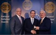 3 December 2016; Kevin Brady, Louth, is presented with his All-Ireland Medal by Uachtarán Chumann Lúthchleas Aogán Ó Fearghail and Seán Walsh, Chairman of National Referee Development Committee, at the GAA National Referees' Awards Banquet 2016 at Croke Park in Dublin. Photo by Cody Glenn/Sportsfile