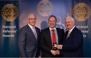 3 December 2016; Kevin McGeeney, Roscommon, is presented with his All-Ireland Medal by Uachtarán Chumann Lúthchleas Aogán Ó Fearghail and Seán Walsh, Chairman of National Referee Development Committee, at the GAA National Referees' Awards Banquet 2016 at Croke Park in Dublin. Photo by Cody Glenn/Sportsfile