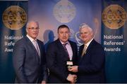 3 December 2016; Michael Wadding, Waterford, is presented with the Silver Referee Recognition Award for officiating 25 championship games by Uachtarán Chumann Lúthchleas Aogán Ó Fearghail and Seán Walsh, Chairman of National Referee Development Committee, at the GAA National Referees' Awards Banquet 2016 at Croke Park in Dublin. Photo by Cody Glenn/Sportsfile